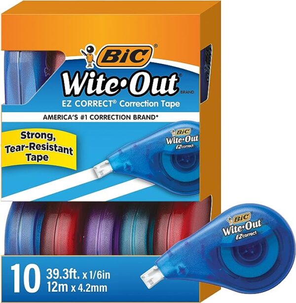 BIC Wite-Out Brand EZ Correct Correction Tape, 39.3 Feet, 10-Count Pack of white Correction Tape, Fast, Clean and Easy to Use Tear-Resistant Tape Office or School Supplies
